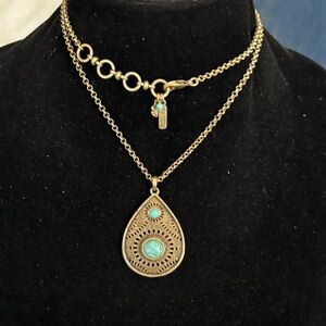 Brass drop links and Turquoise Pendant necklace adjustable Cleobella designer